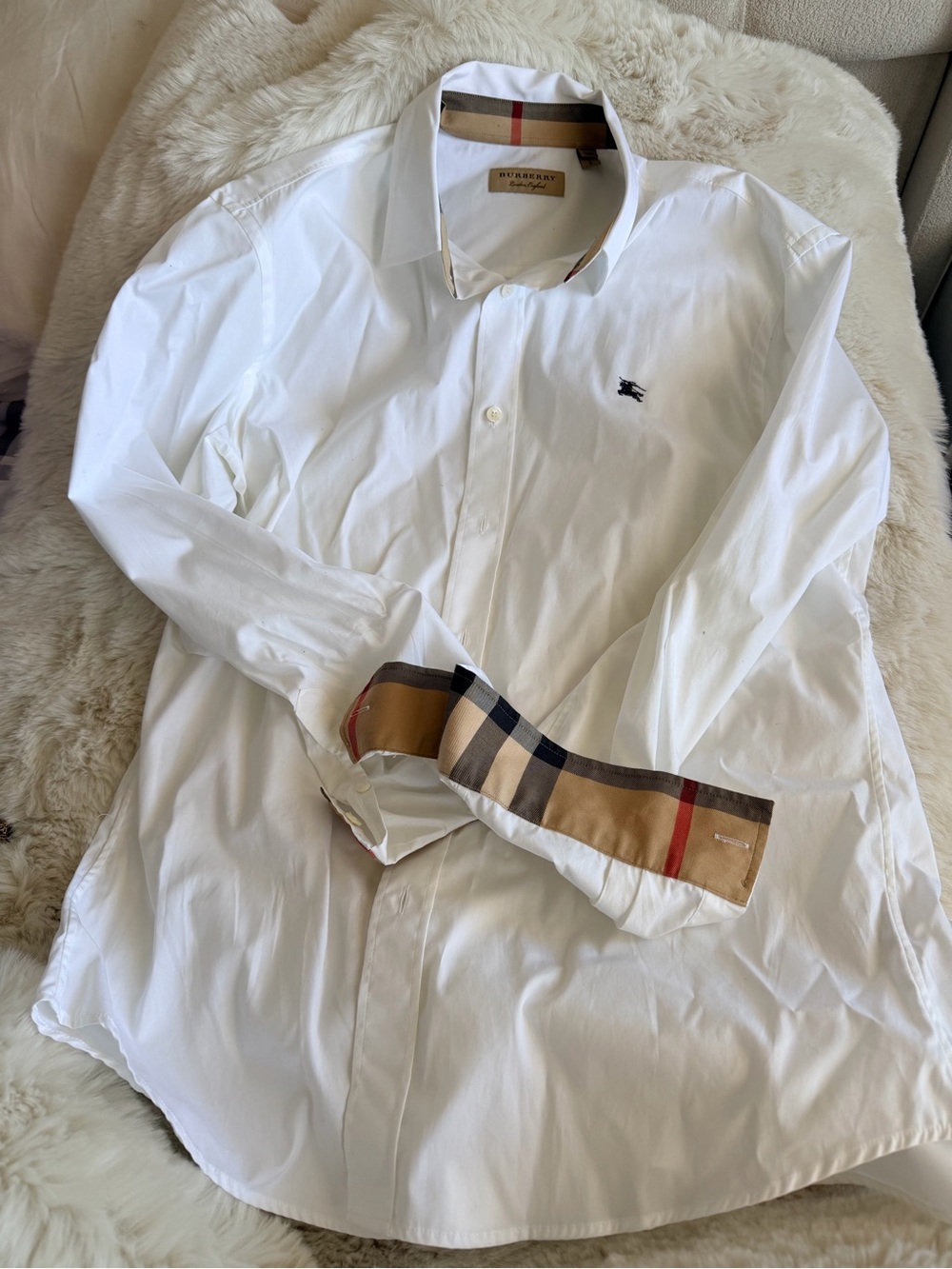 Burberry White Men's Button-Down Shirt with Signature Check Trim